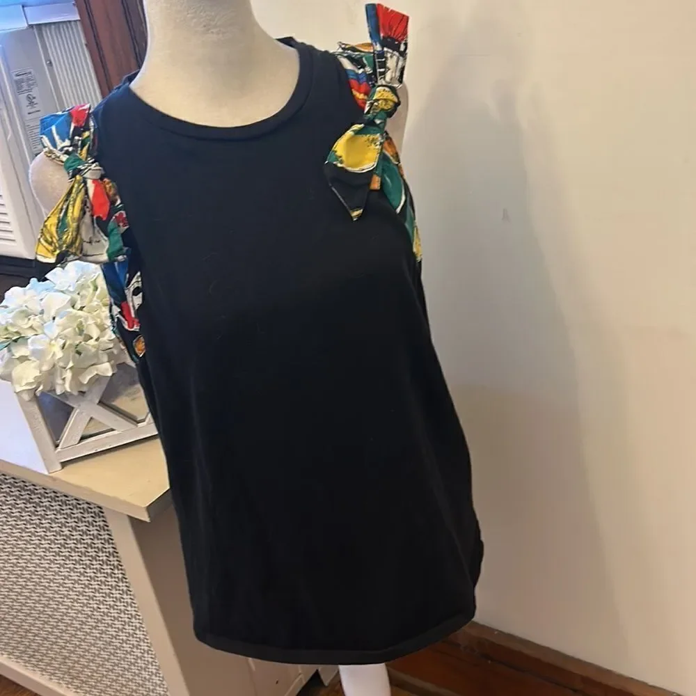 J Crew black sleeveless multicolored bow tie cotton blouse Size M EUC